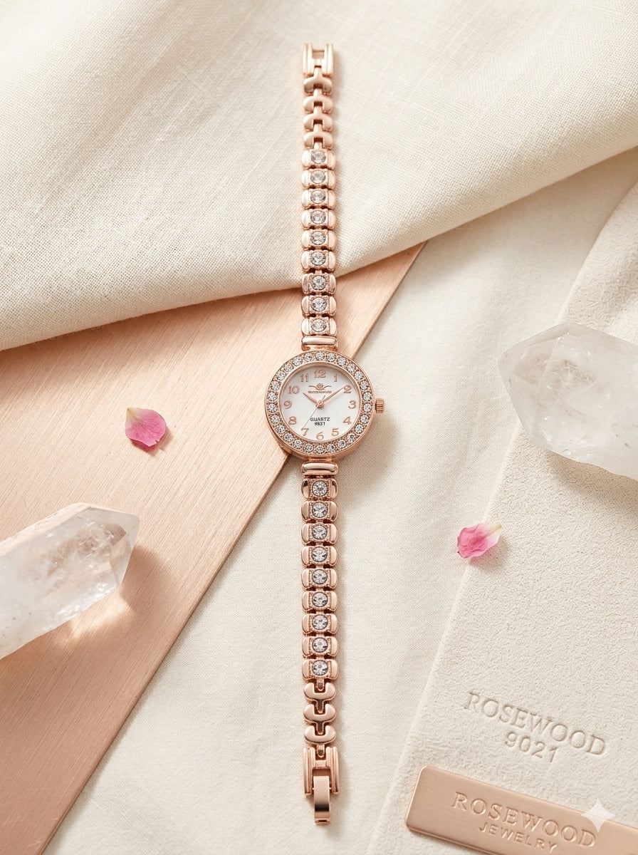 Random Design Rose Gold Plated Bracelet Watch for Women with Crystal Accented Link Strap - 21242