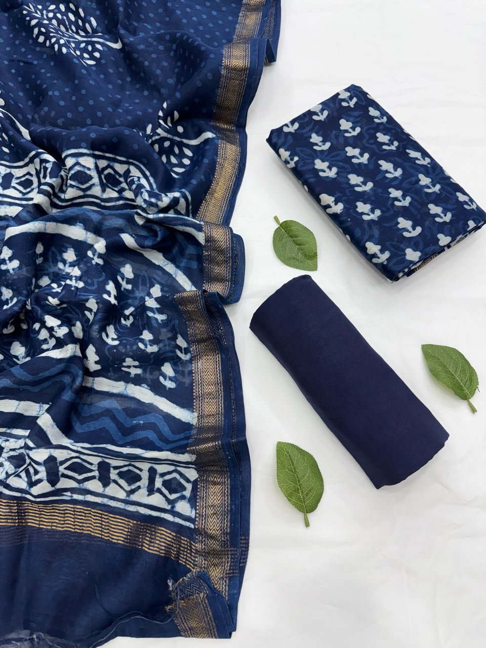Indigo Dabu Buti Hand Block Print Maheshwari Silk Suit Set | Bagru Hastkala