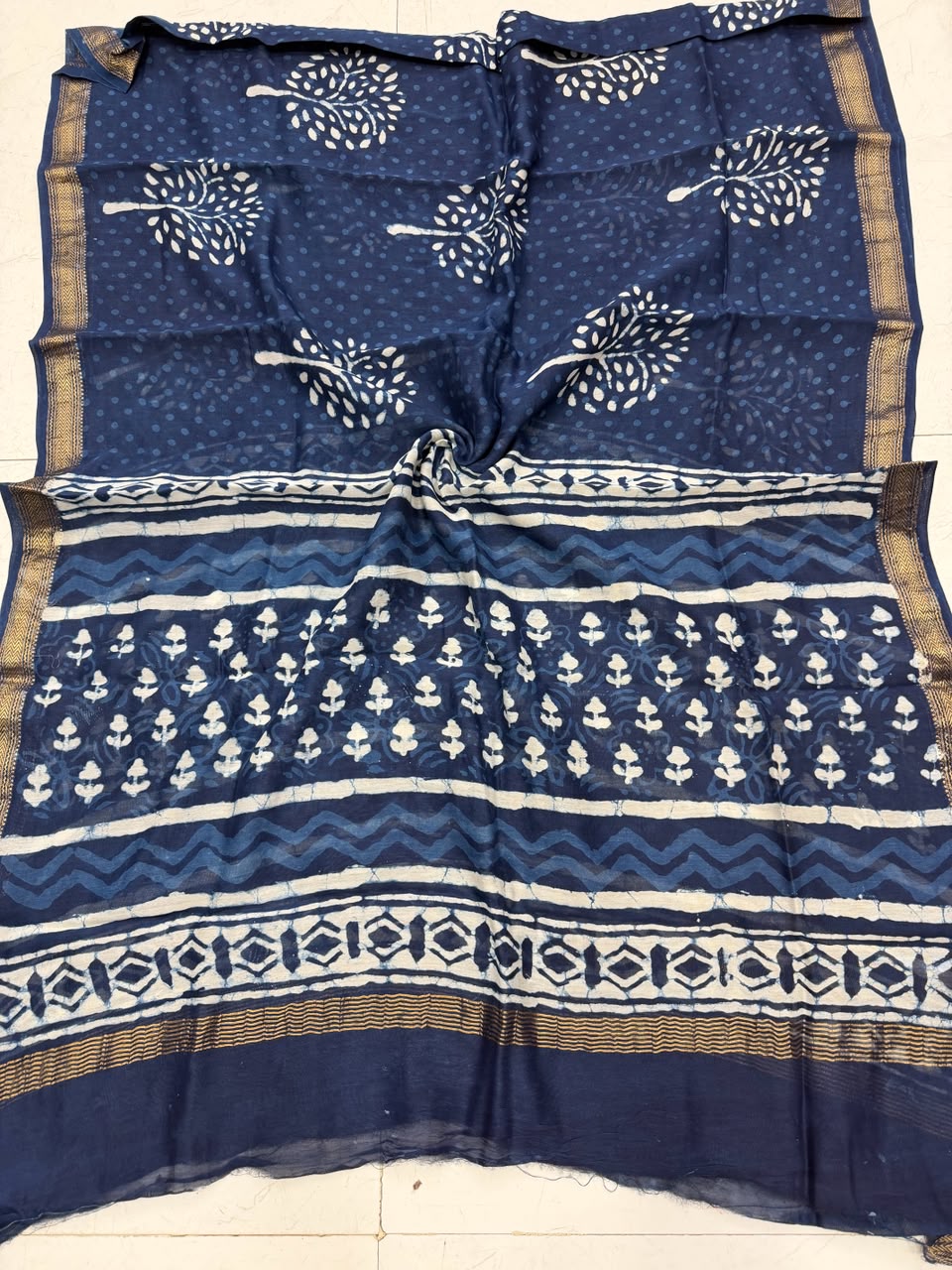 Indigo Dabu Buti Hand Block Print Maheshwari Silk Suit Set | Bagru Hastkala