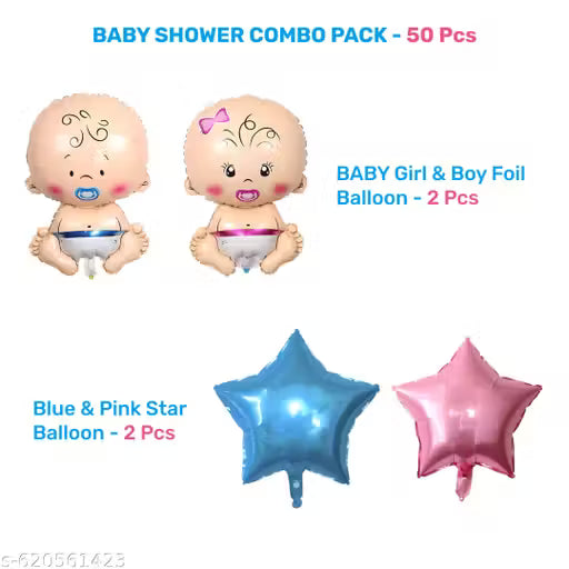 Baby Shower Decoration Combo Pack – 51 Pcs | Boy & Girl Theme Party Kit with Balloons, Foil Banners, Star Balloons, Sash, Curtains & Arch | Baby Shower Decoration Set - 20669