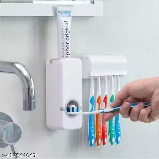 JX-200 Hands Free Wall Mounted Plastic Dust Proof Automatic Toothpaste Dispenser & Detachable Hole 5 Toothbrush Holder
