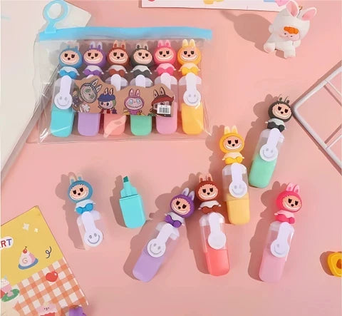 Cute Character highlighter Pens Set of1 , 6 pcs| Cartoon Animal Pastel Marker Pens for Kids, Students, School & Office {Random Design} - 20622