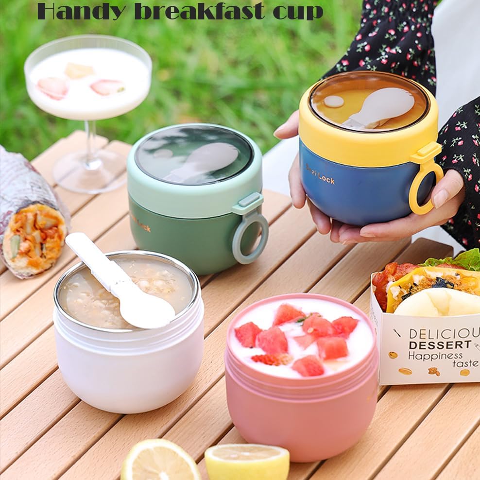 Stainless Steel Insulated Bowl Lunch Box 600ml | Hot & Cold Meal Holder with Handle & Spoon | Leak Resistant Food Container for Office, School, Travel {Random Color} - 20773