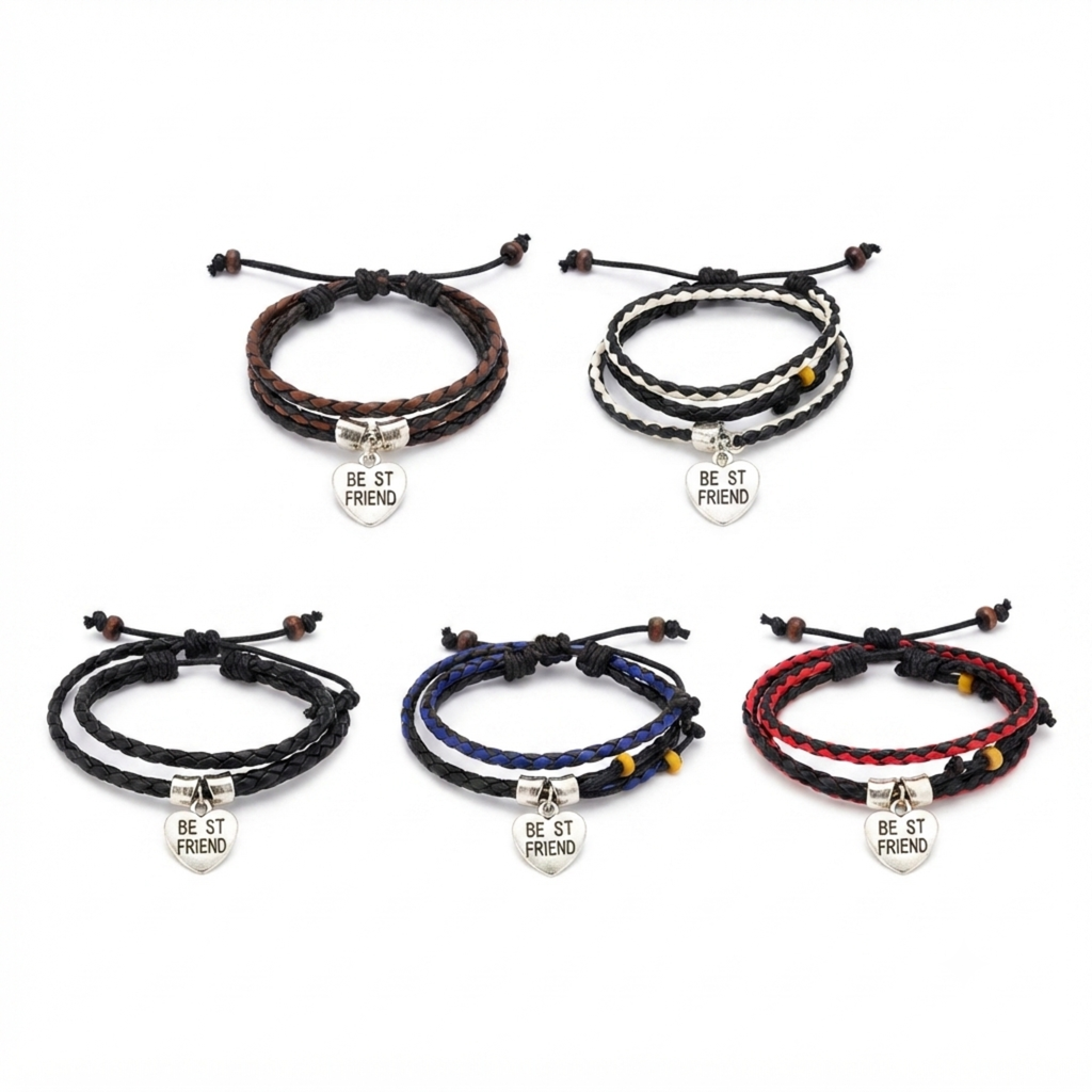Couple Massive Love Frendship Gift Stainless Steel Friend Heart Charm with Brown Leather Garnishing Love Bracelets For Boys And Girls - 20844