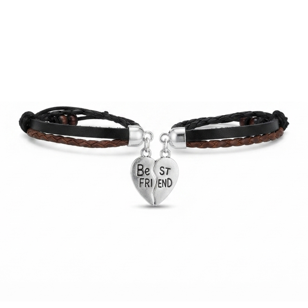 Couple Massive Love Frendship Gift Stainless Steel Friend Heart Charm with Brown Leather Garnishing Love Bracelets For Boys And Girls - 20844