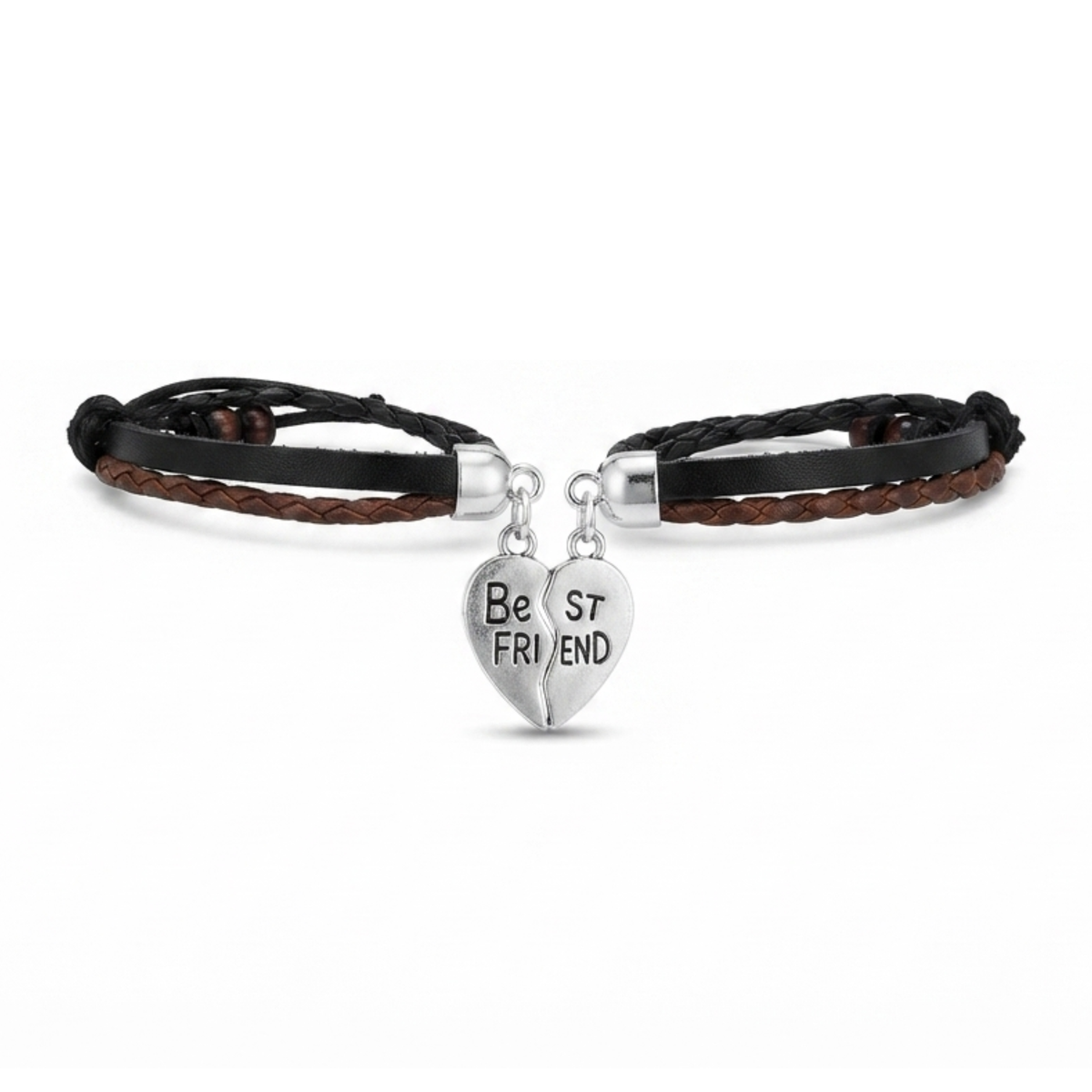 Couple Massive Love Frendship Gift Stainless Steel Friend Heart Charm with Brown Leather Garnishing Love Bracelets For Boys And Girls - 20844