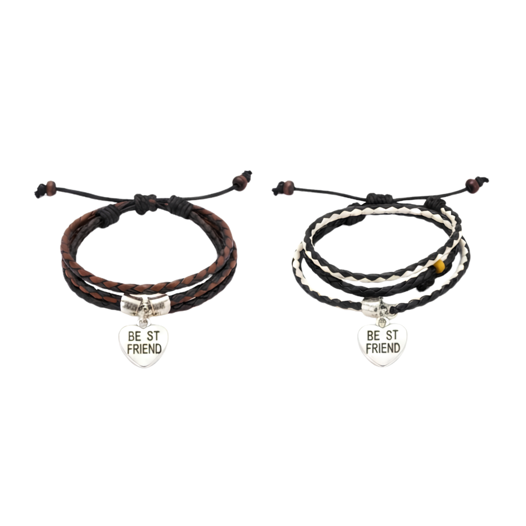 Couple Massive Love Frendship Gift Stainless Steel Friend Heart Charm with Brown Leather Garnishing Love Bracelets For Boys And Girls - 20844