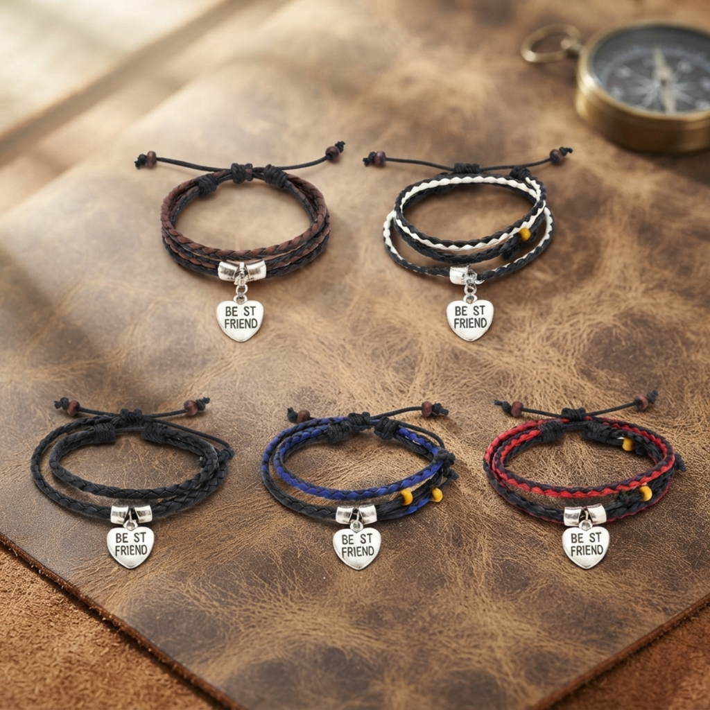 Couple Massive Love Frendship Gift Stainless Steel Friend Heart Charm with Brown Leather Garnishing Love Bracelets For Boys And Girls - 20844