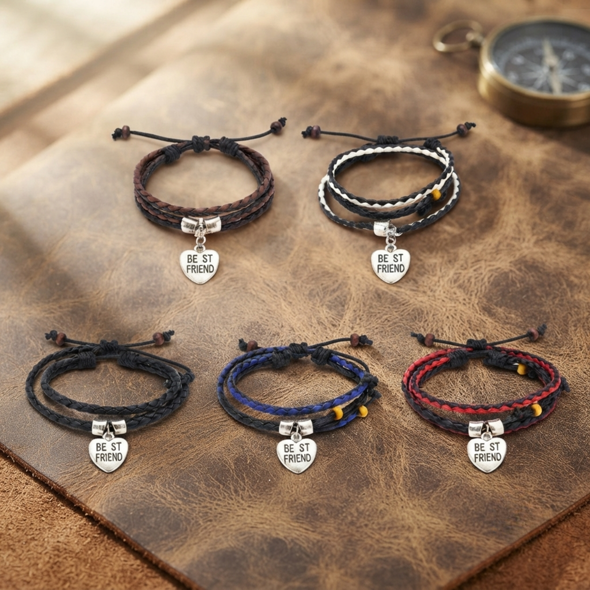 Couple Massive Love Frendship Gift Stainless Steel Friend Heart Charm with Brown Leather Garnishing Love Bracelets For Boys And Girls - 20844