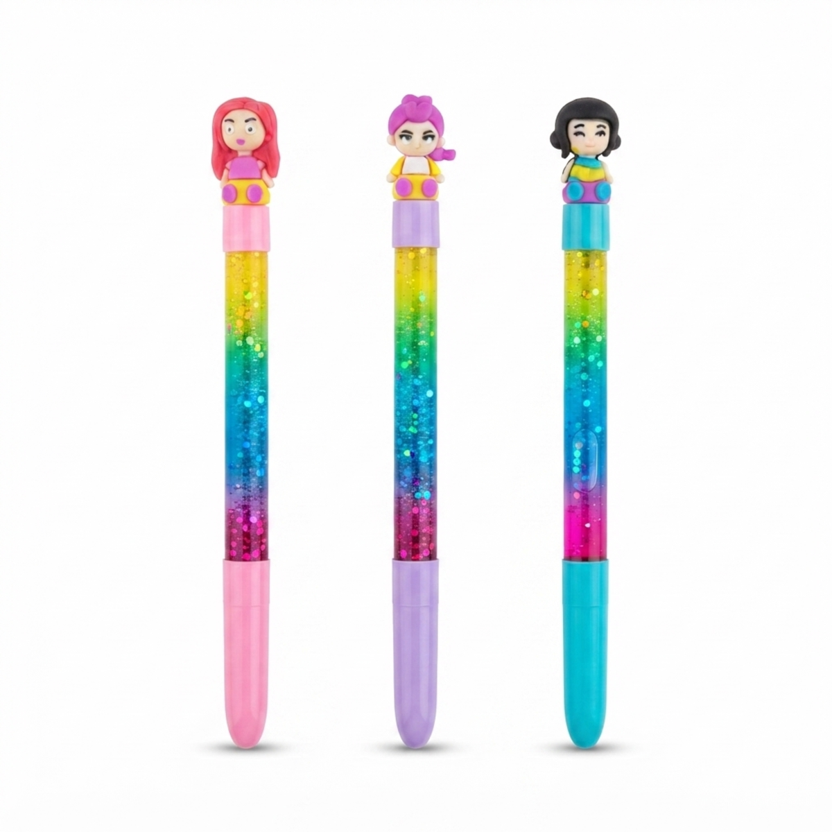 {12 Pcs} Cute Glitter Gel Pens with Doll Topper | Rainbow Colours Glitter Pens for Kids | Smooth Writing - 20861