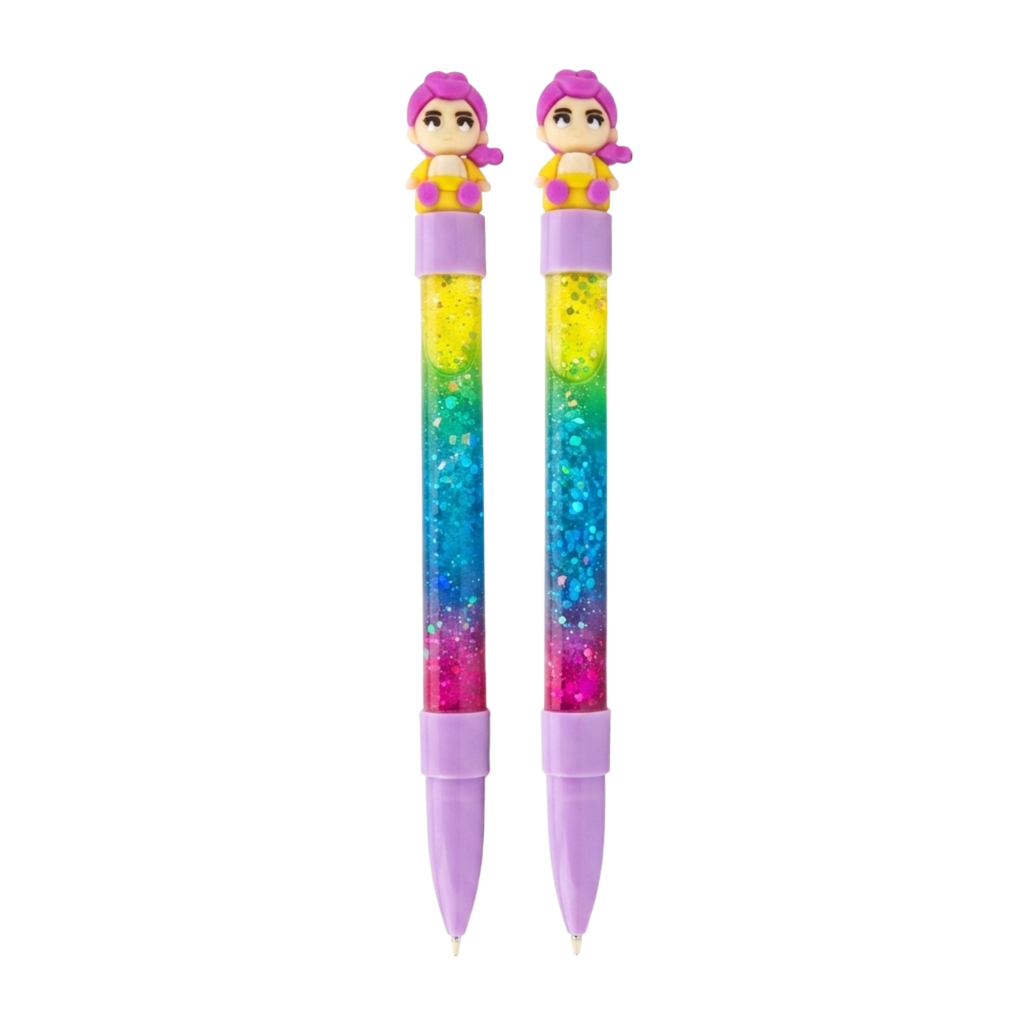 {12 Pcs} Cute Glitter Gel Pens with Doll Topper | Rainbow Colours Glitter Pens for Kids | Smooth Writing - 20861