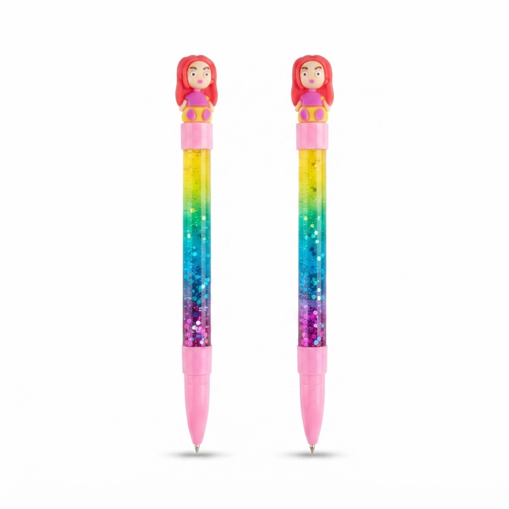 {12 Pcs} Cute Glitter Gel Pens with Doll Topper | Rainbow Colours Glitter Pens for Kids | Smooth Writing - 20861