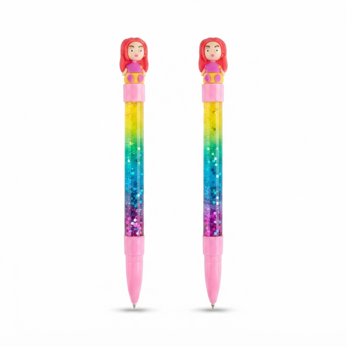 {12 Pcs} Cute Glitter Gel Pens with Doll Topper | Rainbow Colours Glitter Pens for Kids | Smooth Writing - 20861
