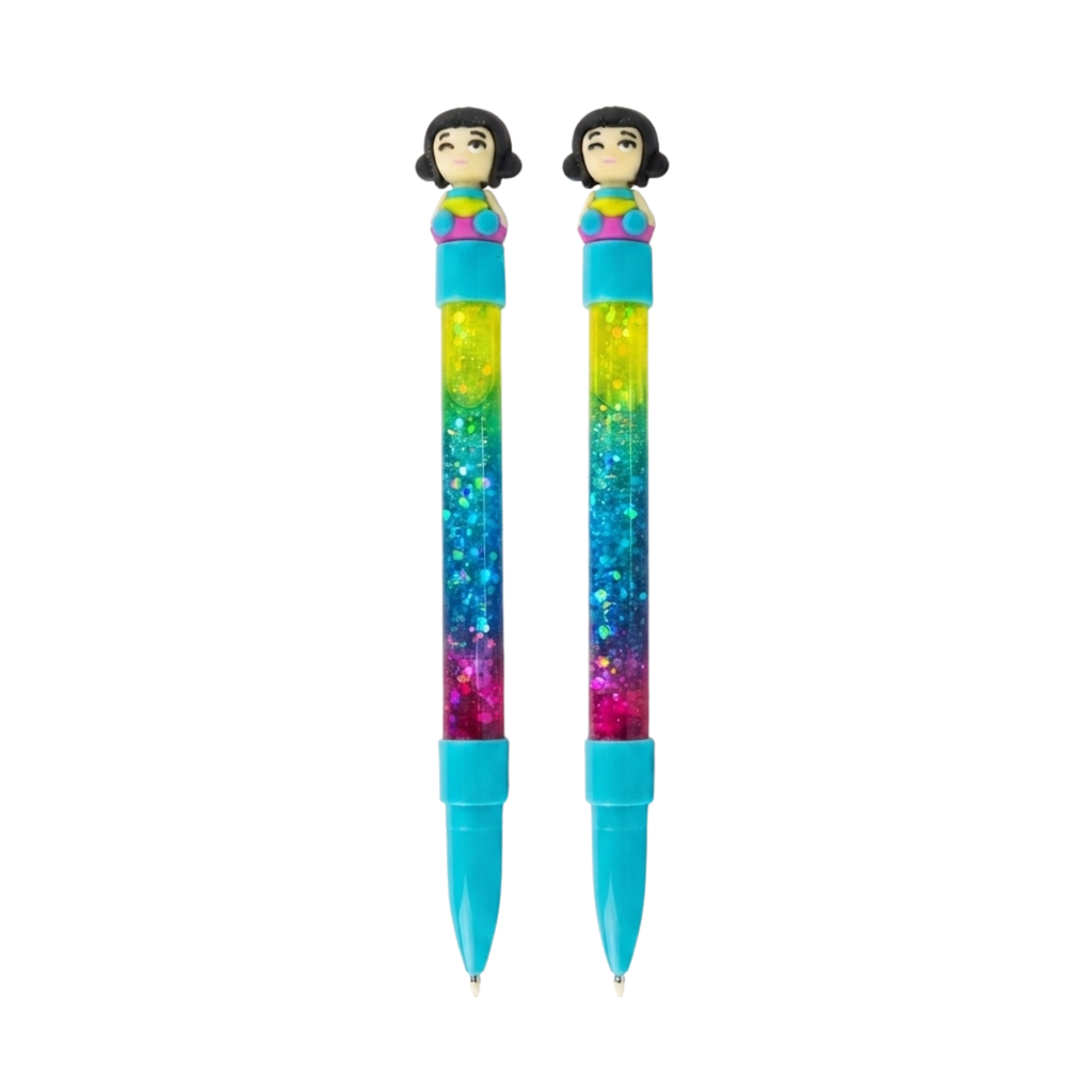 {12 Pcs} Cute Glitter Gel Pens with Doll Topper | Rainbow Colours Glitter Pens for Kids | Smooth Writing - 20861