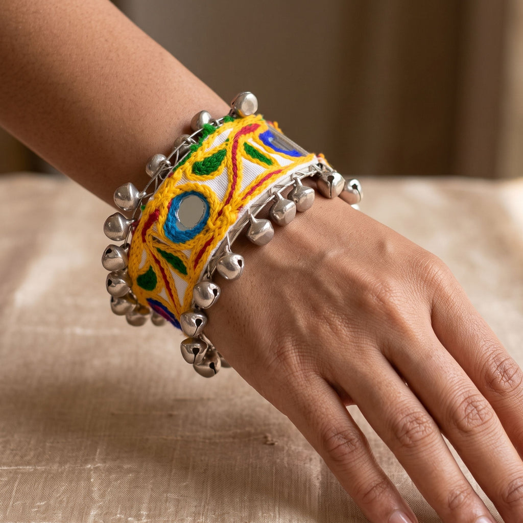 Handcrafted Navratri Dandiya Ghungroo Kada for Women | Oxidised Silver Look Mirror Embroidered Bracelet | Garba Festival Jewellery | Free Size Traditional Bangle - 21215