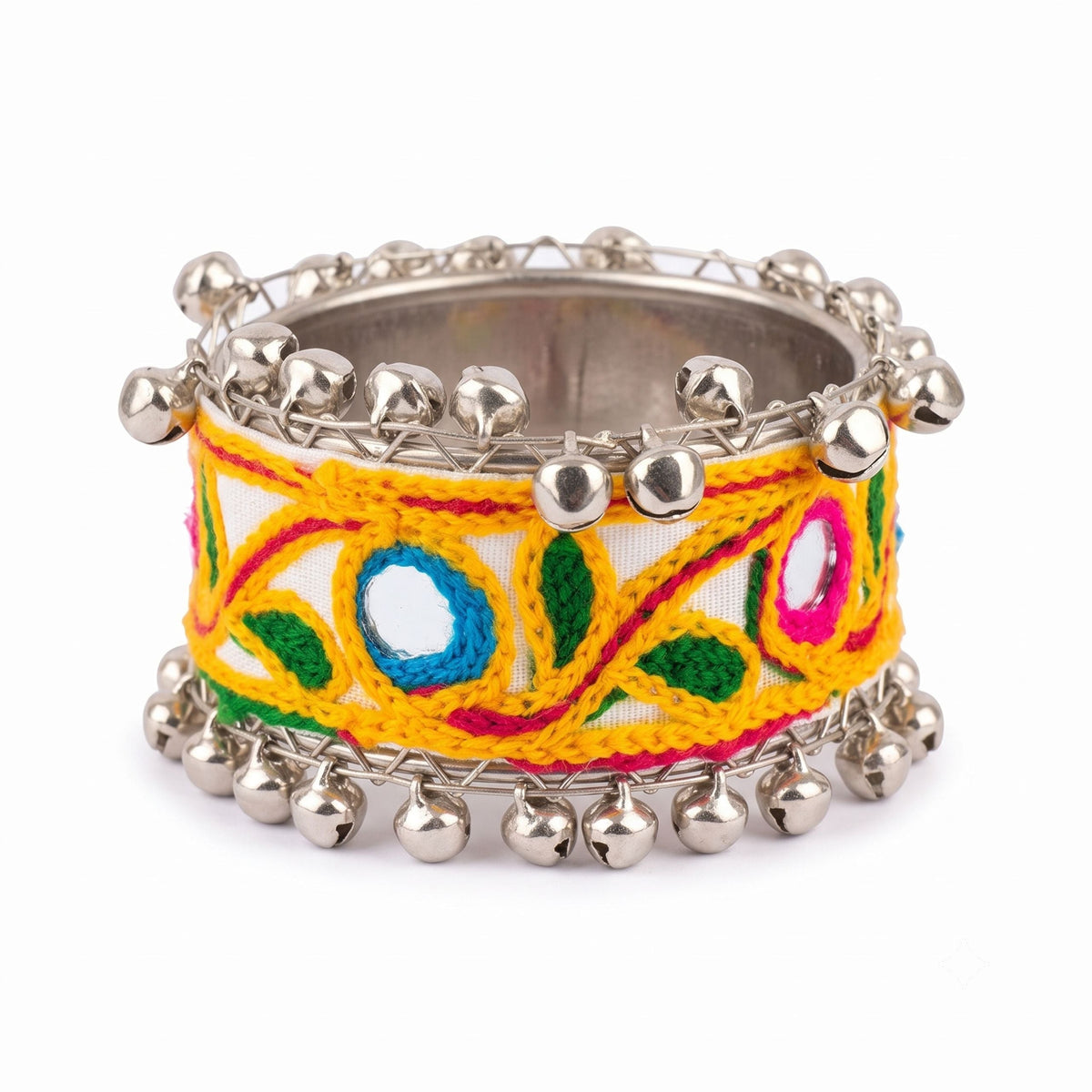 Handcrafted Navratri Dandiya Ghungroo Kada for Women | Oxidised Silver Look Mirror Embroidered Bracelet | Garba Festival Jewellery | Free Size Traditional Bangle - 21215