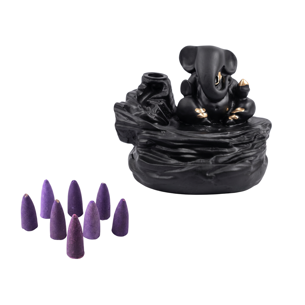 Smoke Fountain Ganesha Idol Decoration Items with 8 Pc Backflow Incense Cones Sticks - 21094