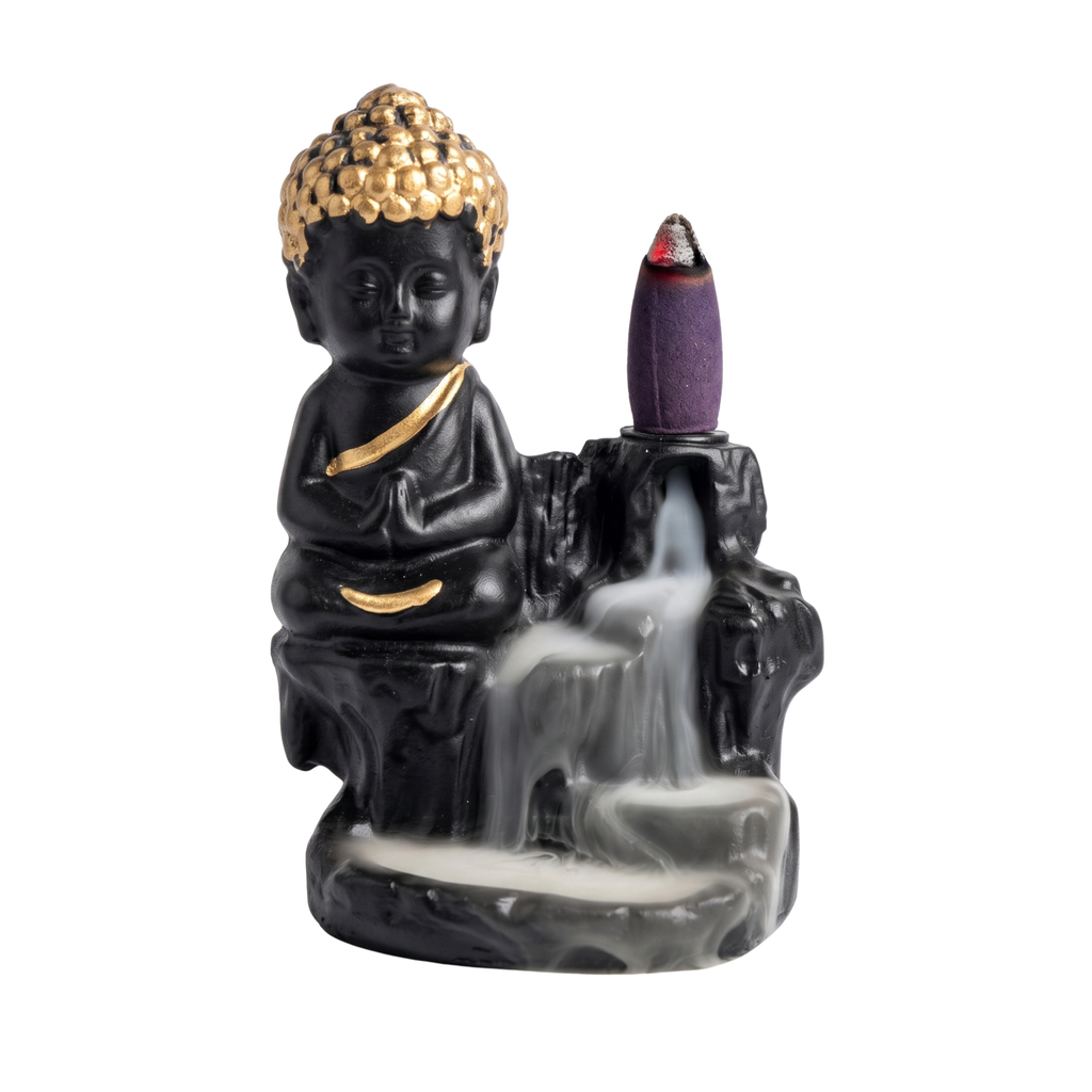 Black Golden Meditating Monk Buddha Statue Smoke Backflow Incense Holder with Incense Cones Showpiece for Home Decor Living Room Office Gift - 21097