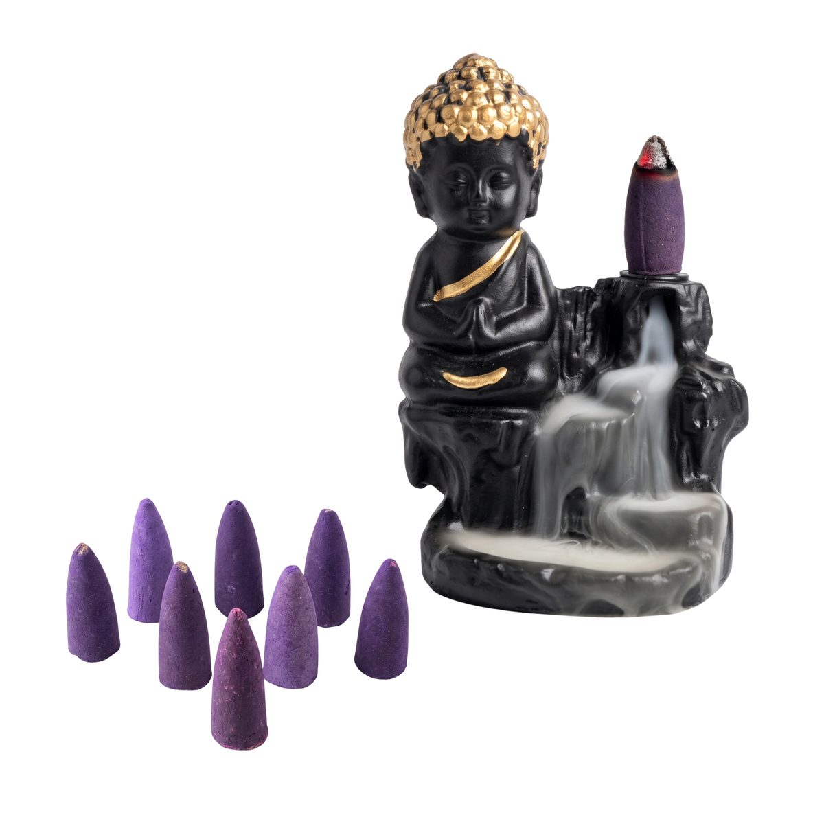 Black Golden Meditating Monk Buddha Statue Smoke Backflow Incense Holder with Incense Cones Showpiece for Home Decor Living Room Office Gift - 21097