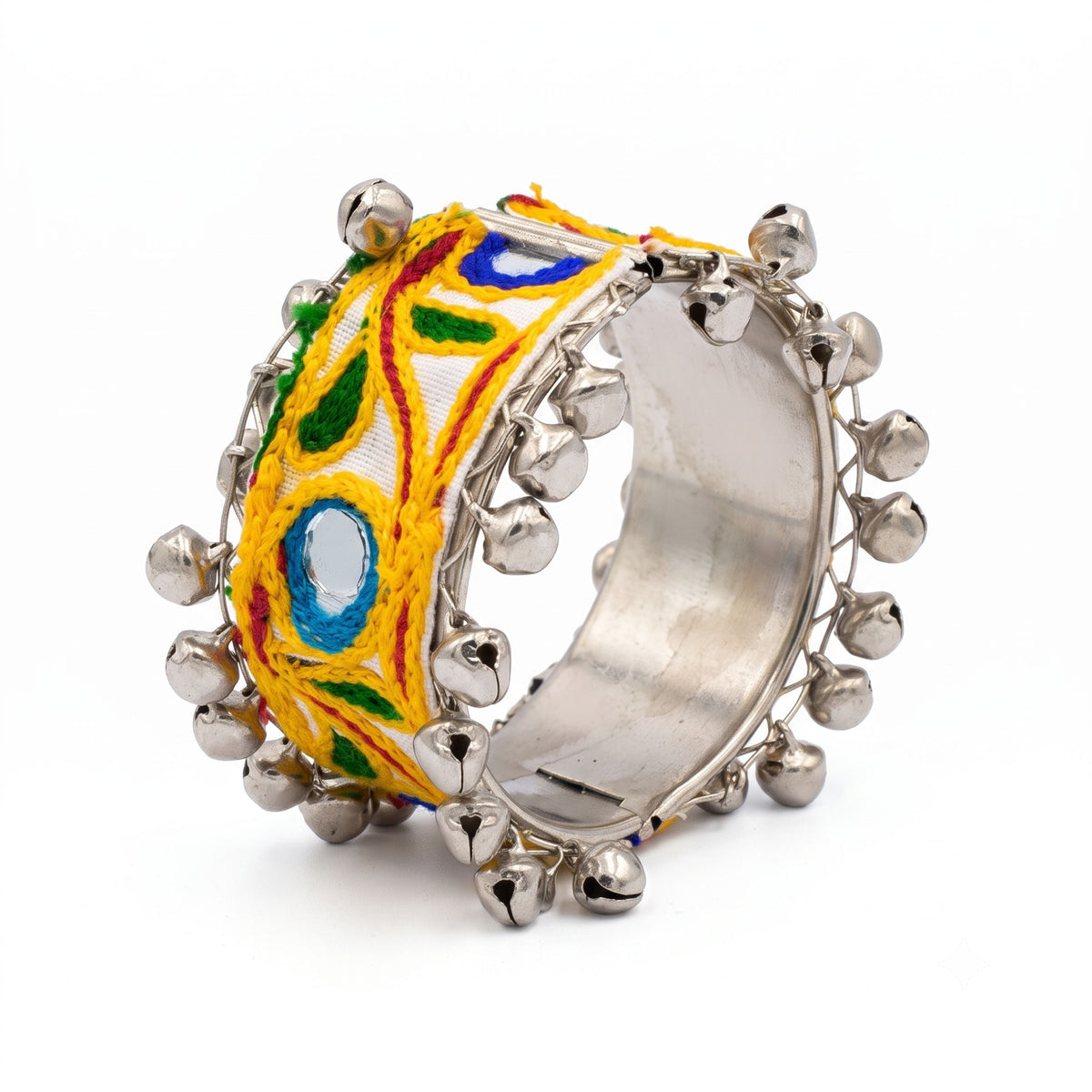 Handcrafted Navratri Dandiya Ghungroo Kada for Women | Oxidised Silver Look Mirror Embroidered Bracelet | Garba Festival Jewellery | Free Size Traditional Bangle - 21215
