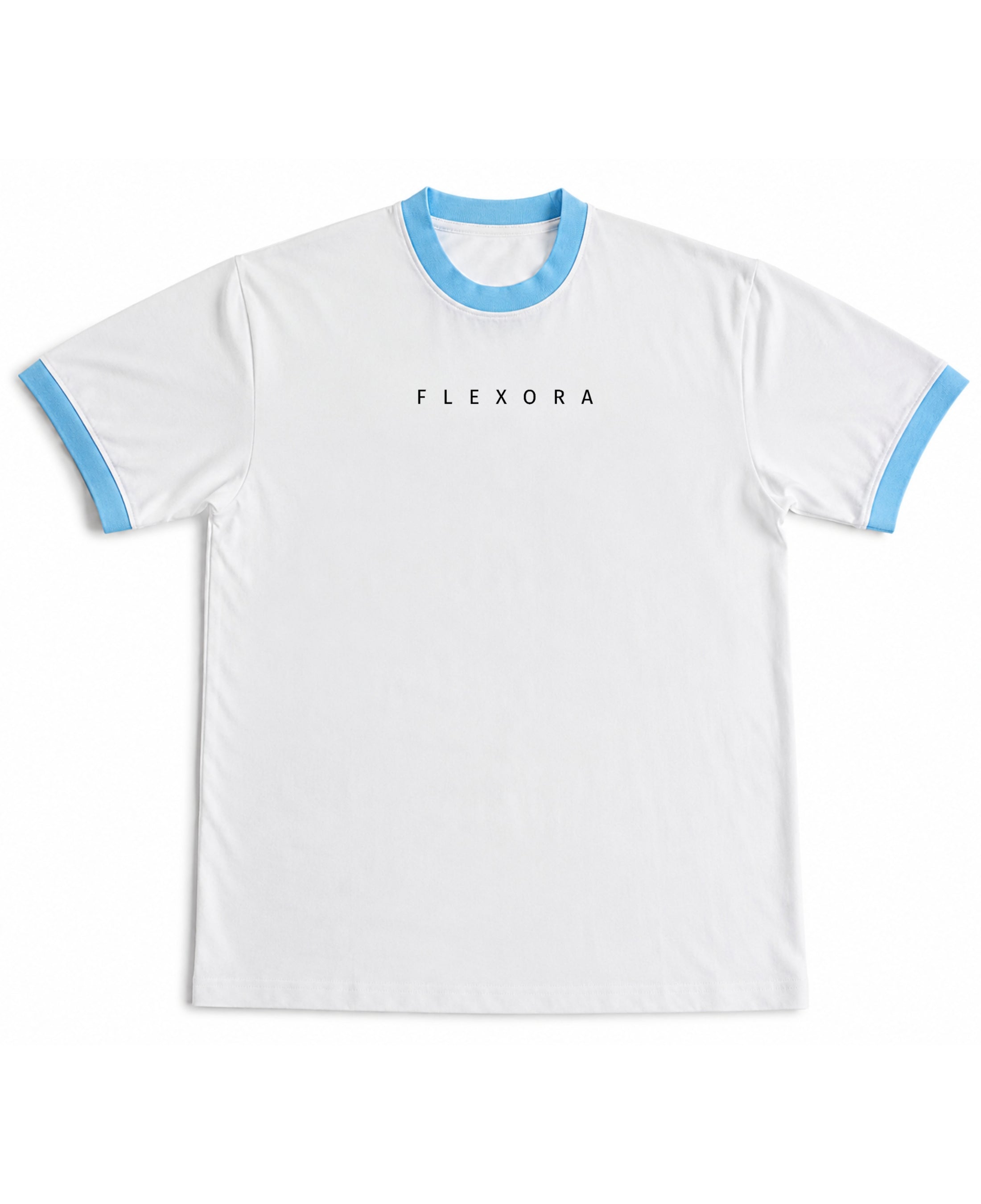 White & Sky Blue Ringer tee Front Design