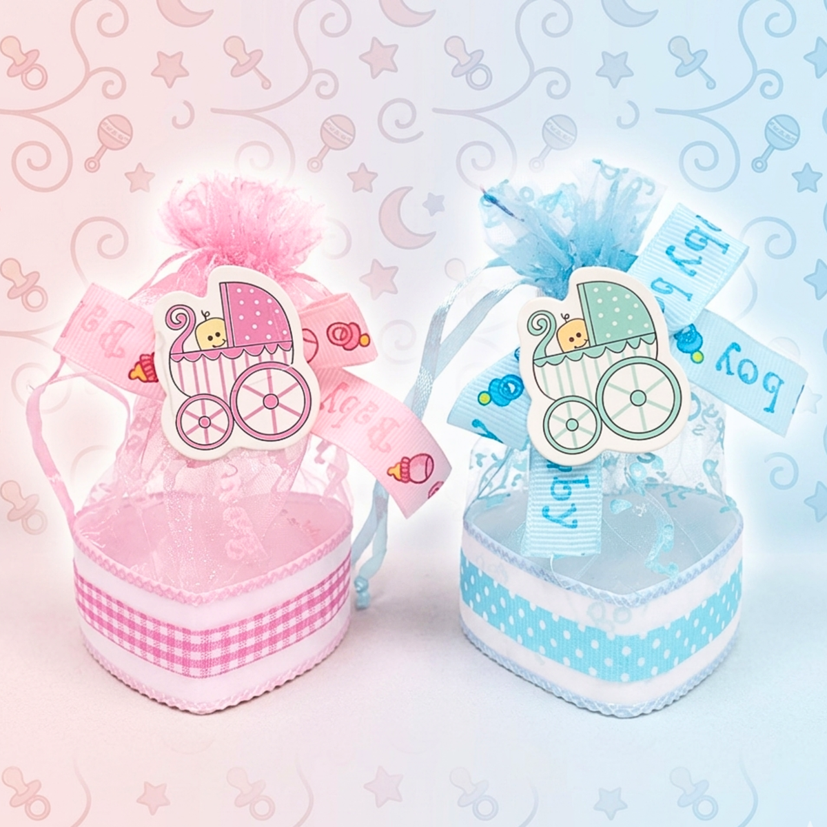 {12 Pcs} Gifts Baby Christening Basket with Organza Bag and Pattern Blue and Pink, Boy Candy - 20533