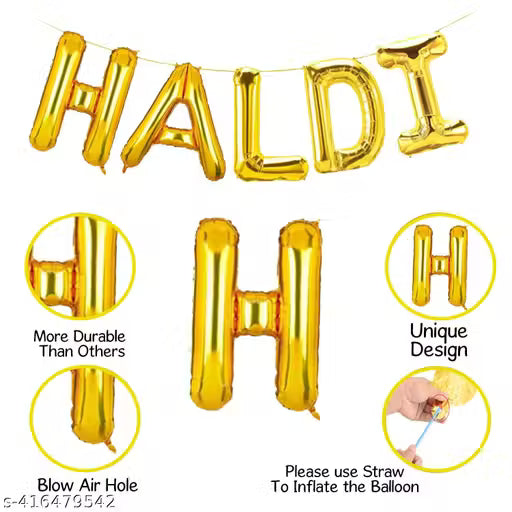 Haldi Decoration 45pcs Pack for Ceremony Gliter Paper Banner, Yellow & White Balloons, Fringe Foil Curtains, Golden Heart Balloons - 20667