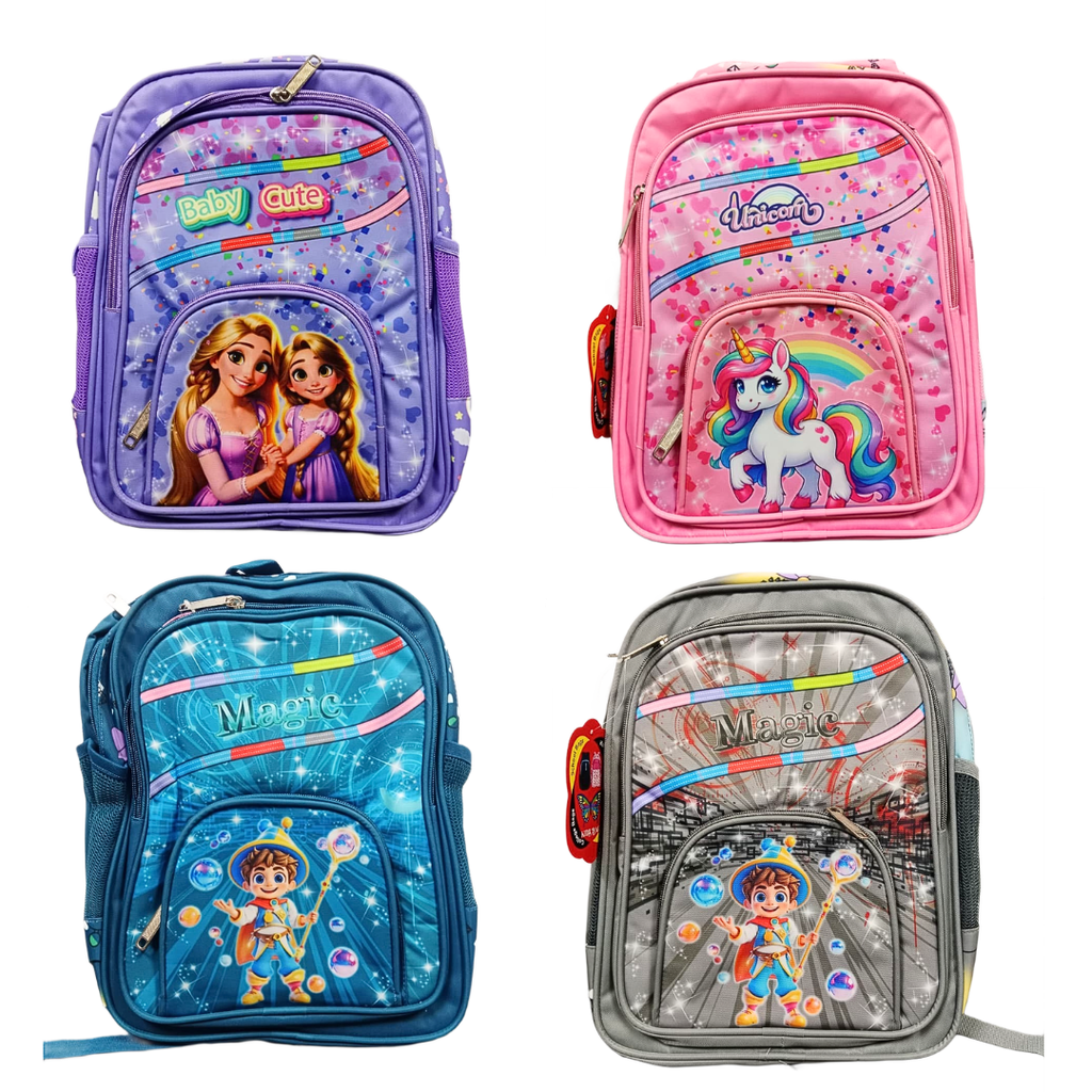 Cartoon Printed School Backpack for Girls and Boys {4 Compartment} Size=35*24*20Cm {Random Color} - 20418