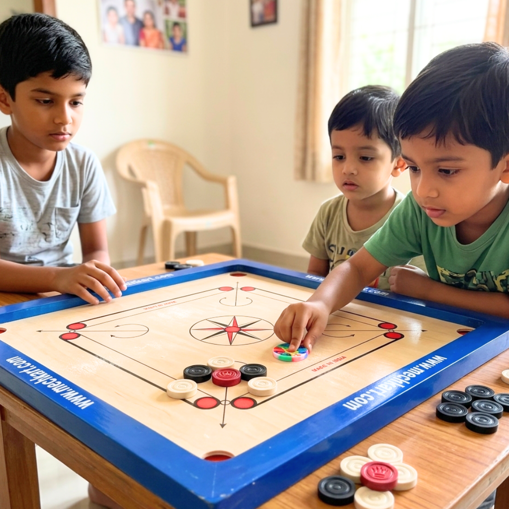 Mechkart Wooden Full Size 26"x26" Matte Finish Carom Board with Coins Striker Powder for Professionals, Adults and Kids Play Game Toy - 20454