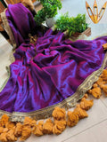 Pure Raga Tissue Silk Handcrafted Saree in Royal Violet Purple with Antique Gold Designer Border & Mustard Tassel Pallu | Premium Festive, Wedding & Party Wear | Free Size | No Blouse Piece