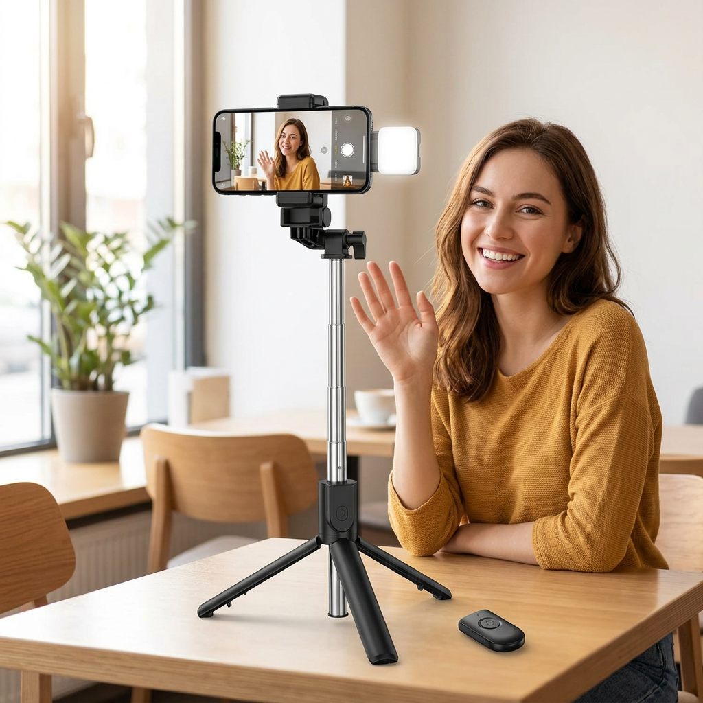 Selfie stick tripod café scene