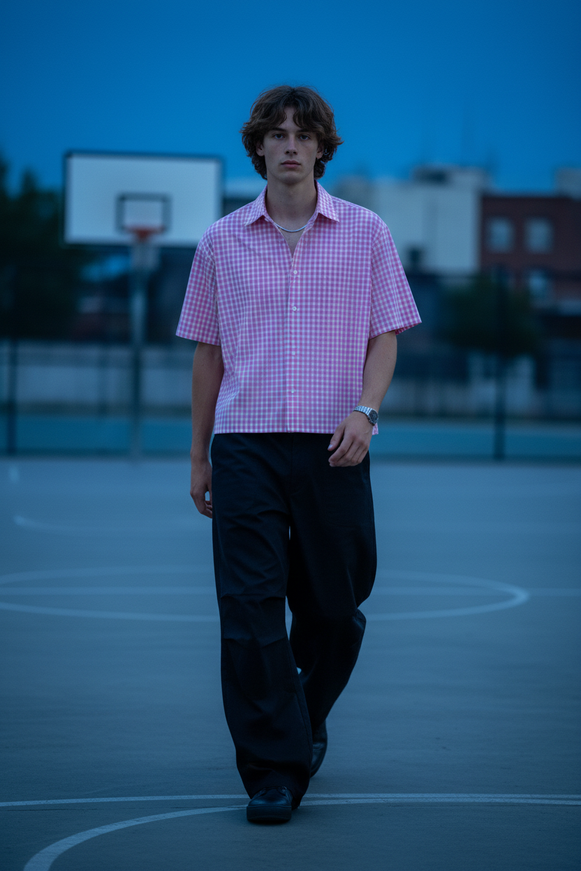 Shot 3 — Basketball Court Dusk, Black Parachute Pants