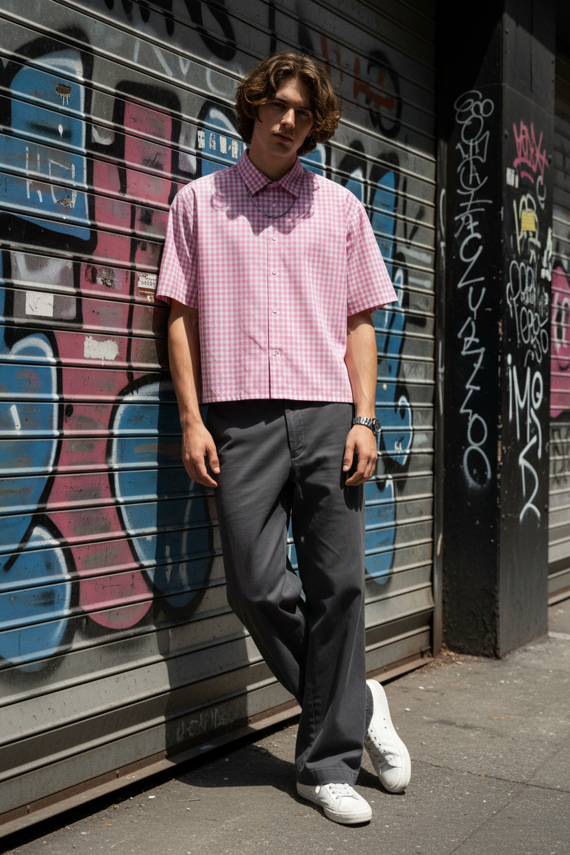 Shot 4 — Urban Alleyway, Dark Grey Chinos