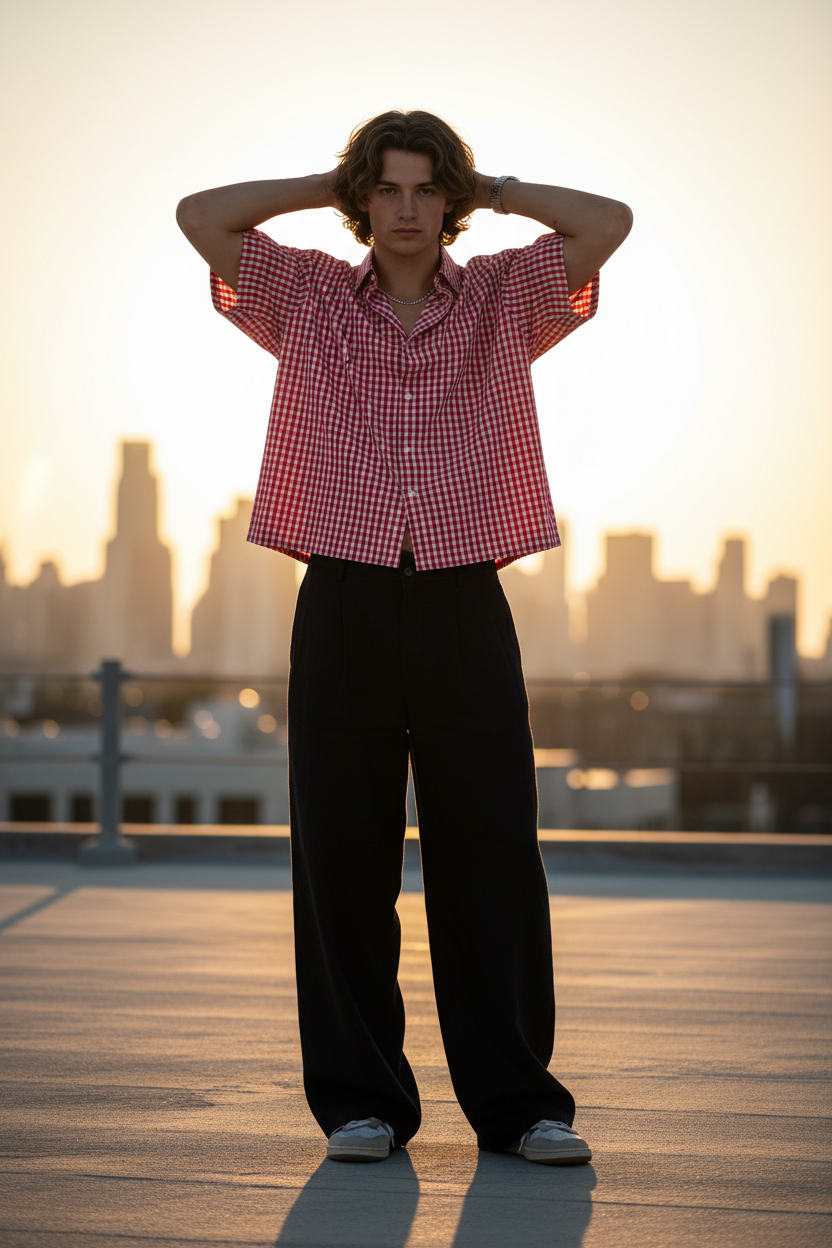 Shot 5 — Rooftop Sunset, Black Linen Pants