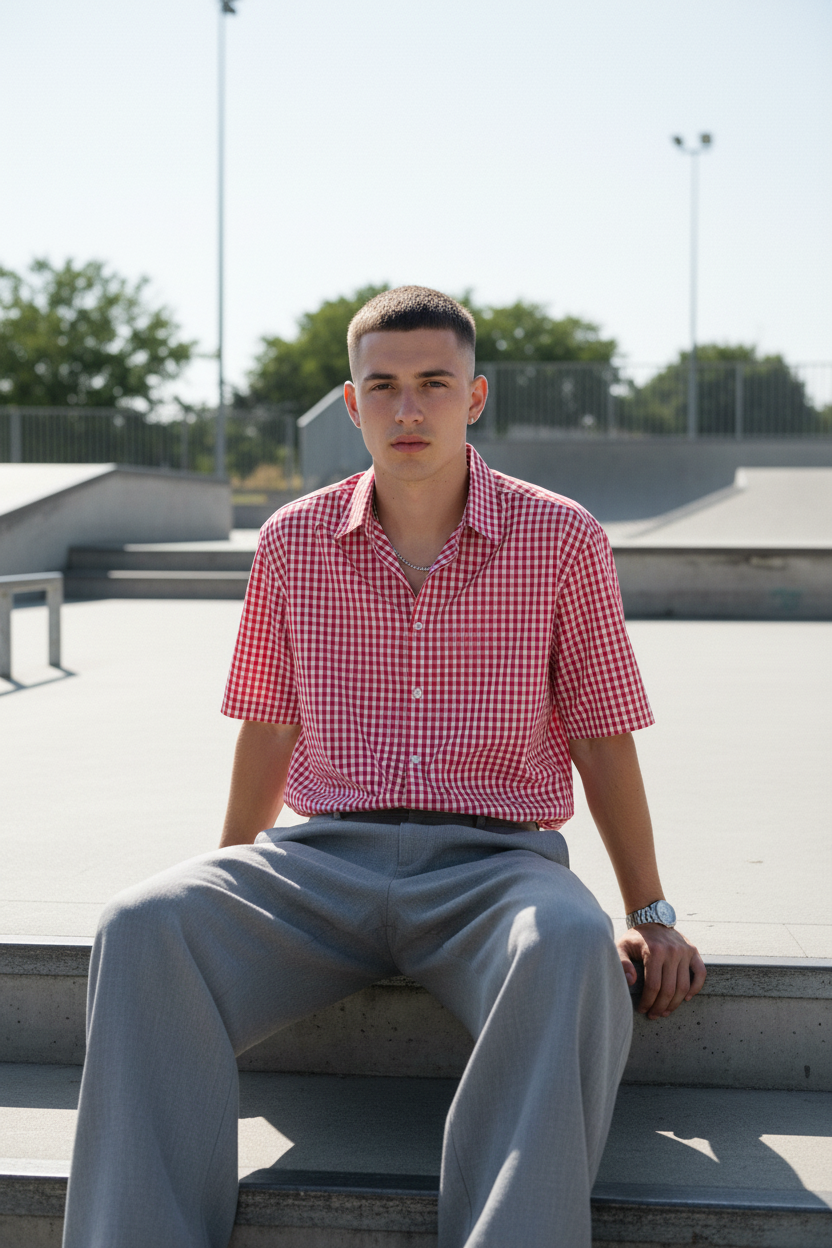 Shot 5 — Skate Plaza, Grey Linen Pants