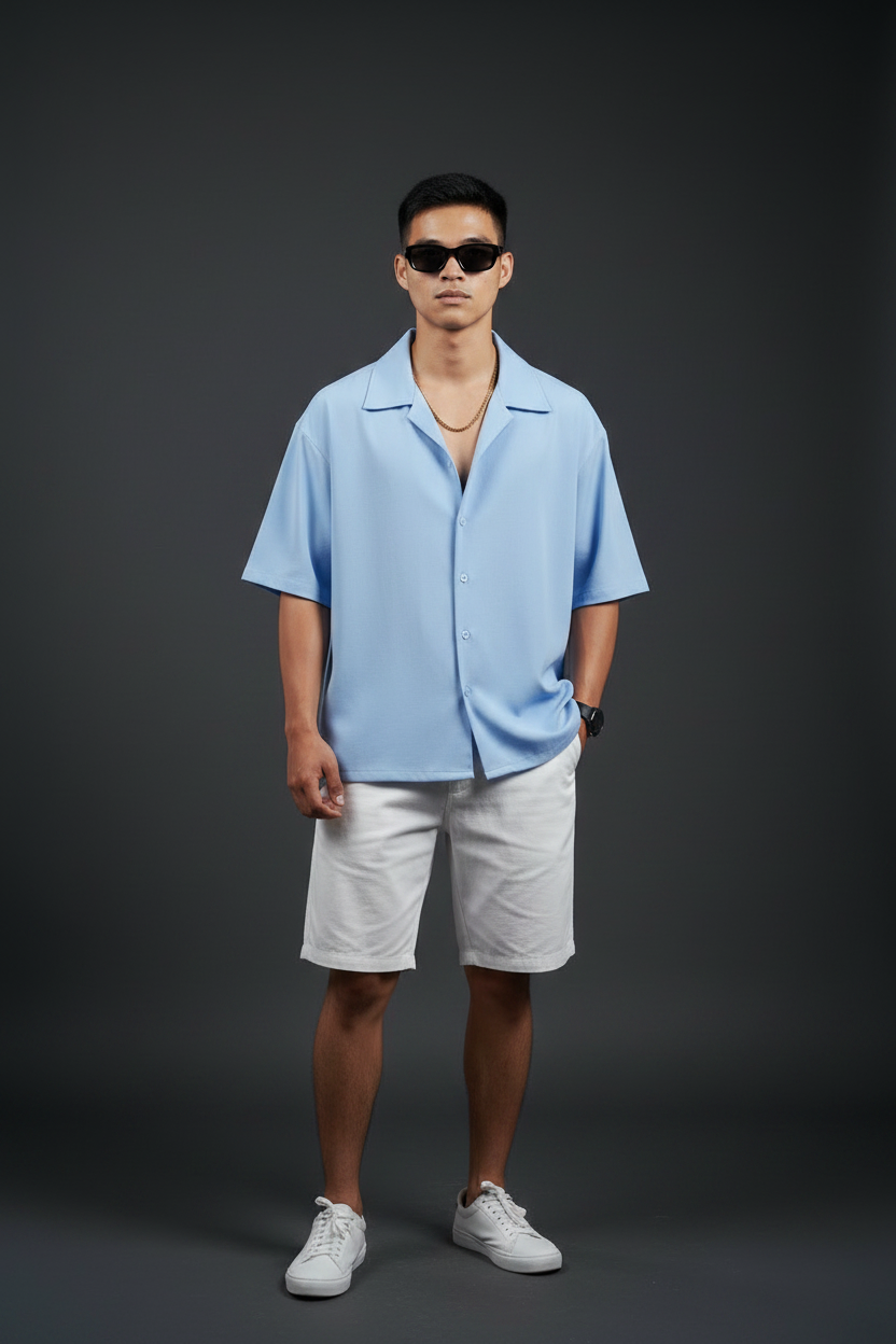 Sky Blue Shirt - White Shorts Front