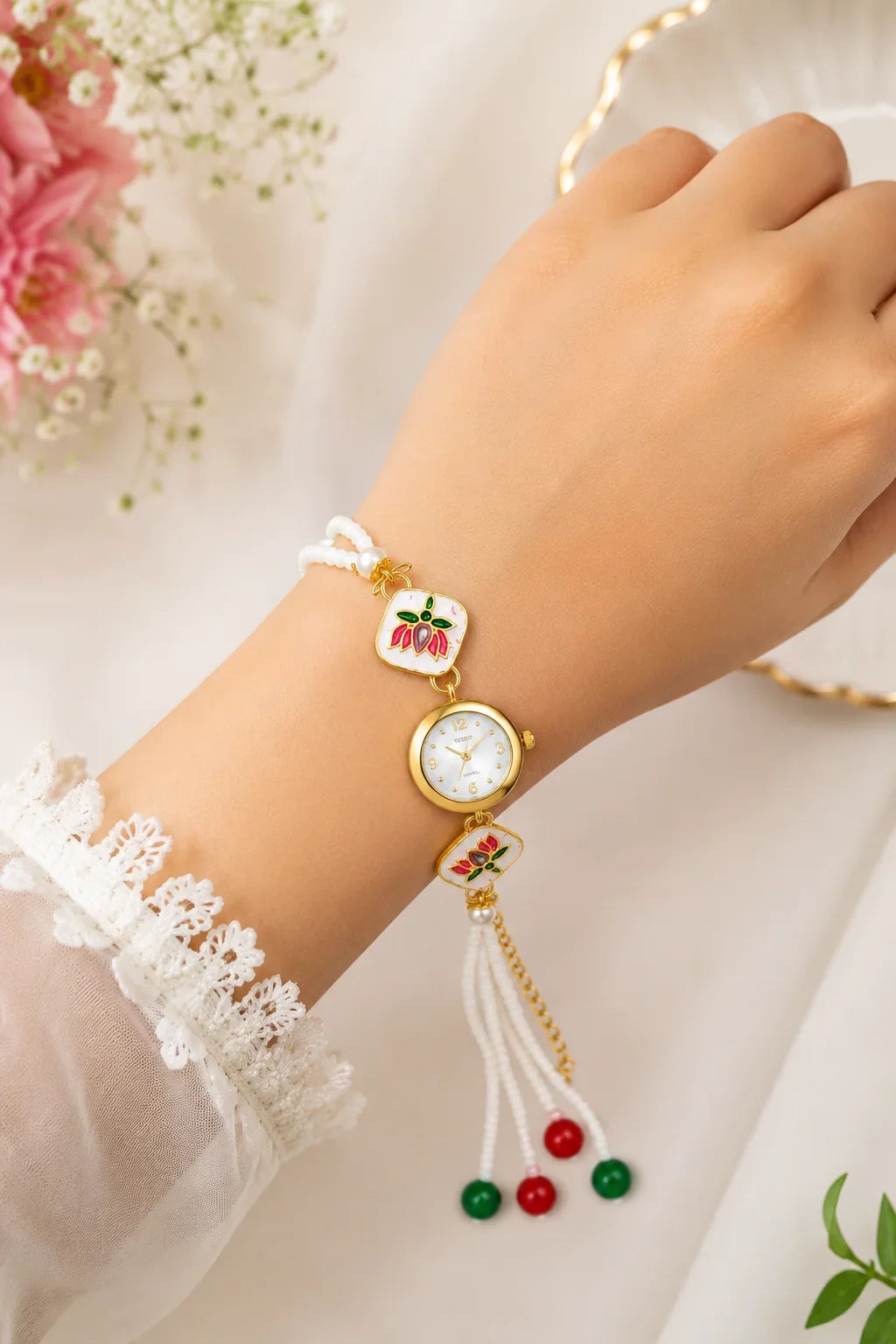 Kashmiri Kundan Meenakari Bracelet Watch for Women, Gold-Plated Floral Enamel, Adjustable Chain with Pearl Charms {Random Design} - 20826